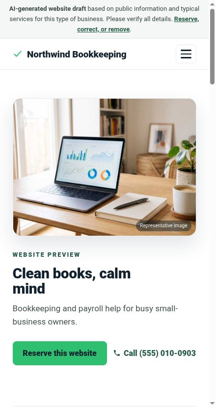 Illustrative bookkeeping business website shown in a mobile layout, created by Growth Factory