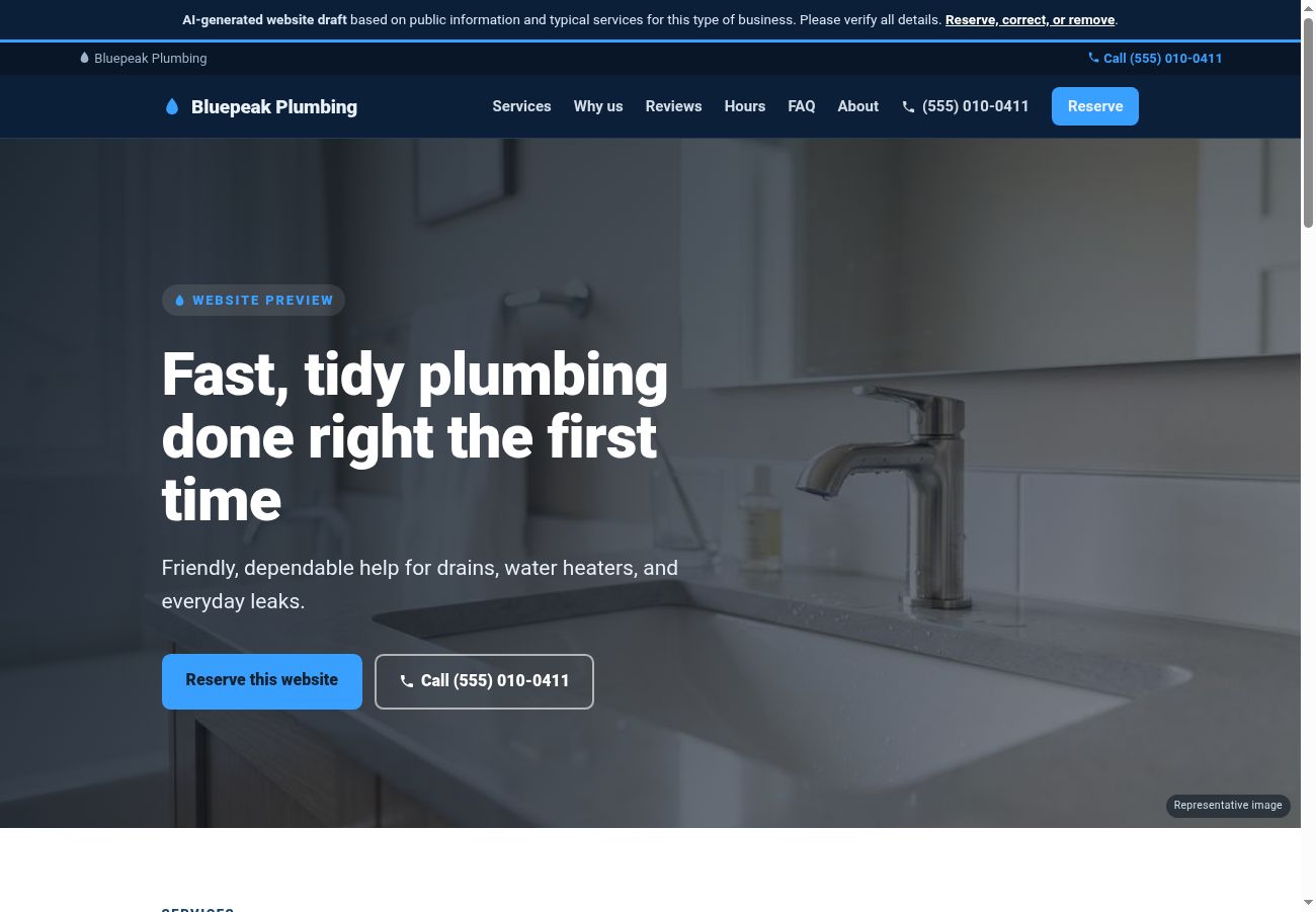 Illustrative plumbing business website shown in a desktop layout, created by Growth Factory