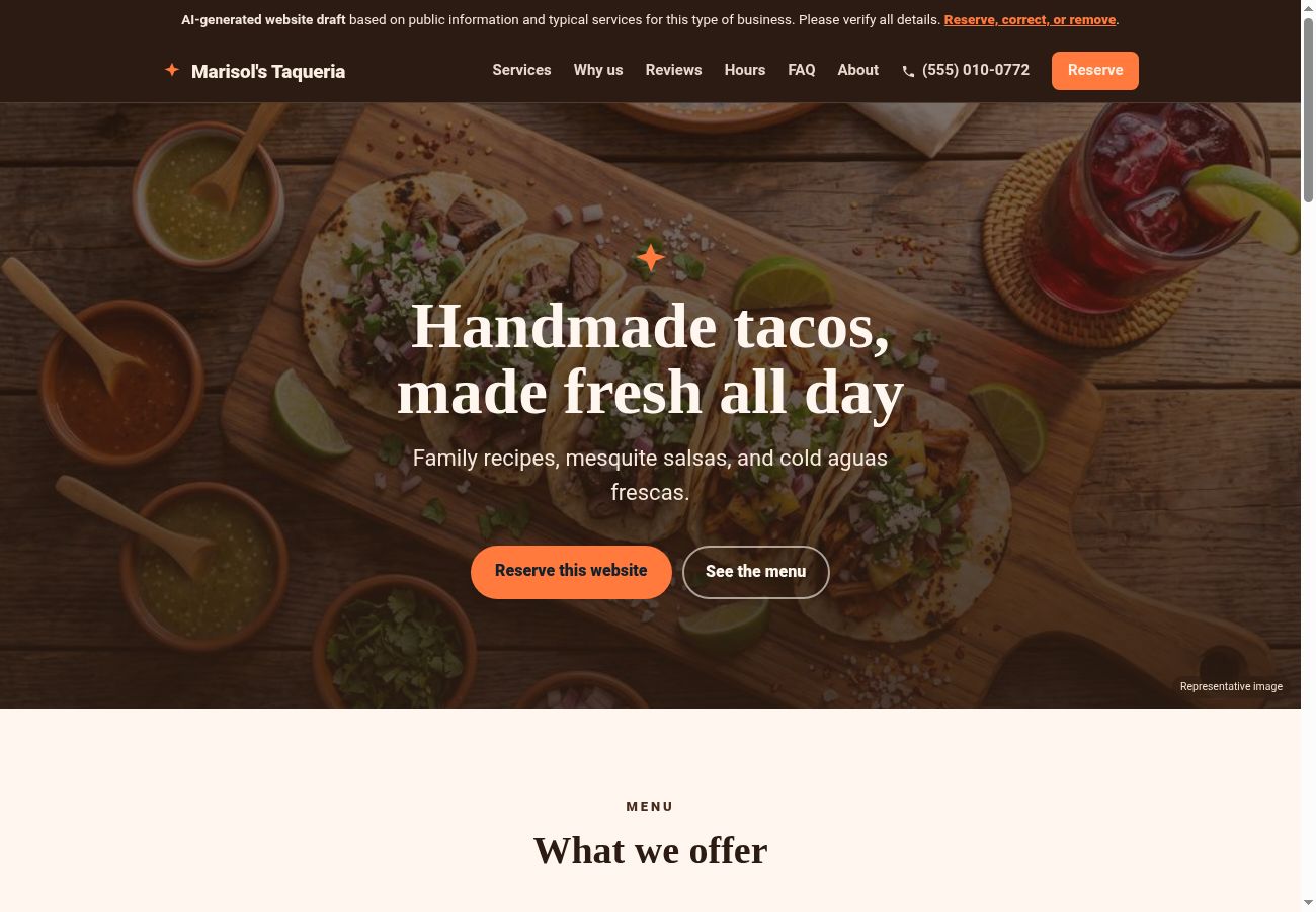 Illustrative taqueria website shown in a desktop layout, created by Growth Factory